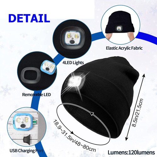 Unisex LED Beanie Hat USB & USB-C Rechargeable Warm Winter Headlamp Knitted Cap - Picture 12 of 22