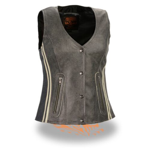 Milwaukee Leather Women’s Vintage Slate Snap Front Vest W Racing  Stripes*MLL4506