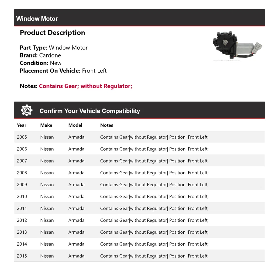 Motor ventana delantero izquierdo cardone 2006 2007 2008 2009 Nissan Armada 2005-2015 Foto 2 de 4