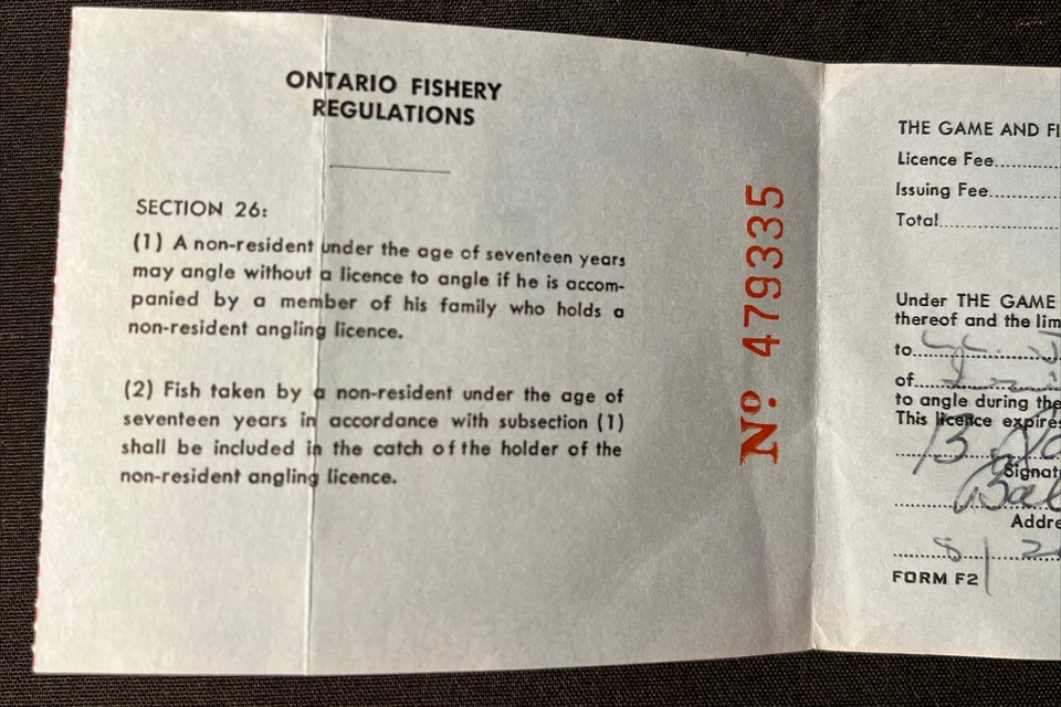 De colección 1965 Ontario no residente licencia de pesca pesca Canadá Foto 3 de 4