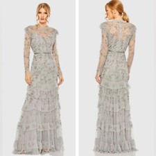 MAC DUGGAL Silver High Neck Flutter Cap Long Sleeve Tiered Embellished Gown 8