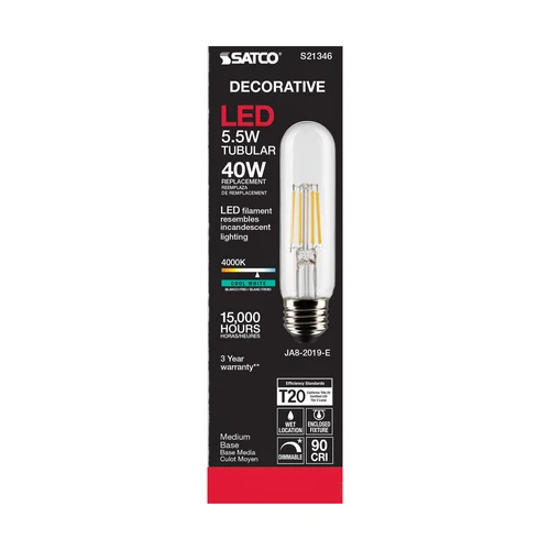 Satco S21346 LED Filament 120V 5.5W 40W Dimmable T10 Medium E26 4000K Cool White - Picture 7 of 11