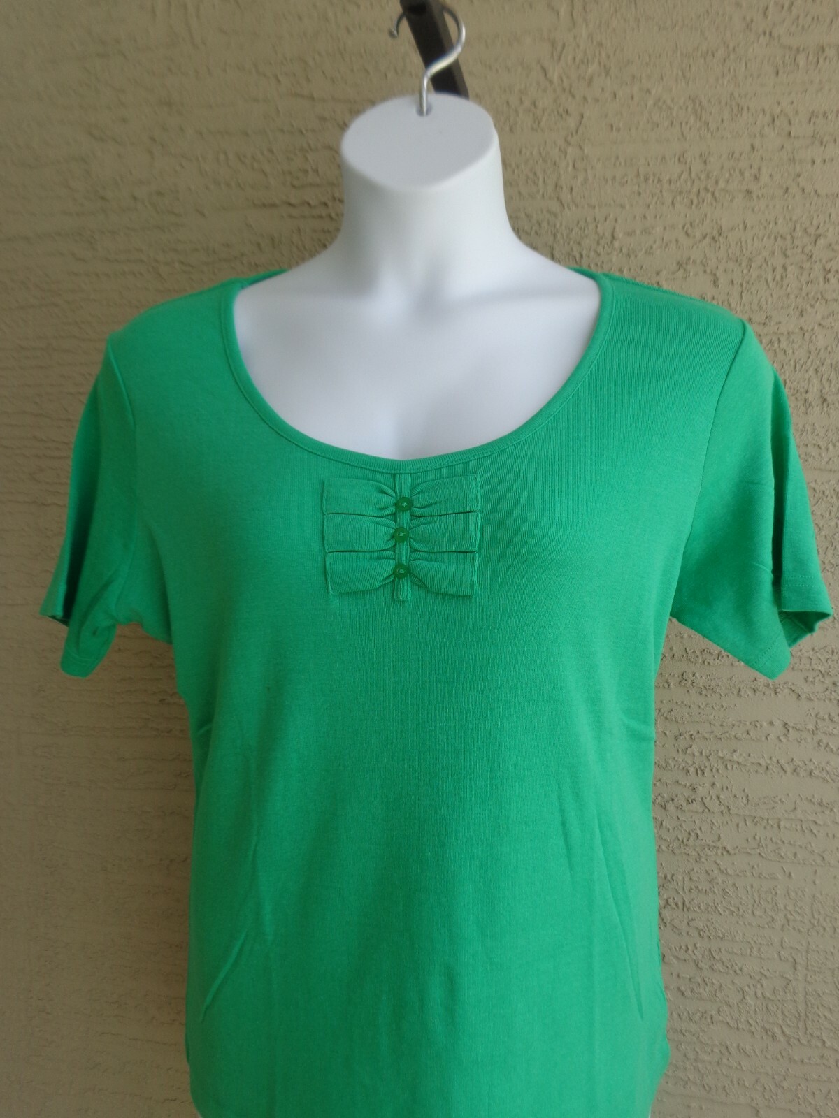 Being Casual XL Ribbed Cotton Blend Knit S/S Embellished Scoop Neck Top K Green