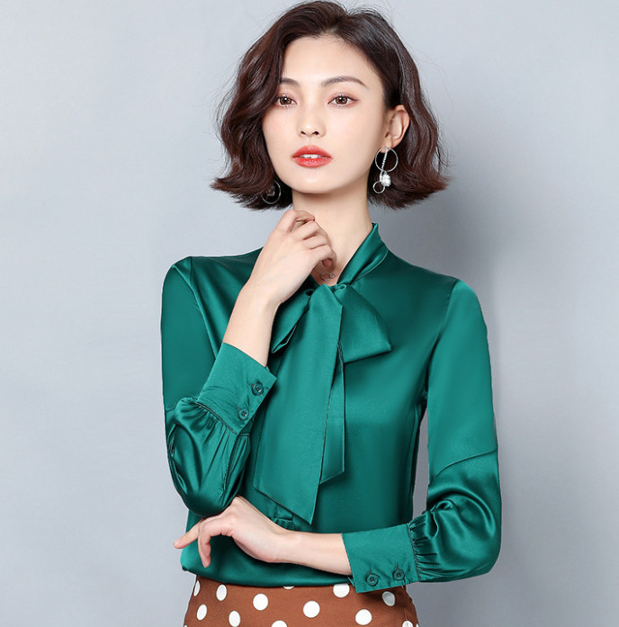 Women Bow-tie High Neck Blouse Casual Solid Long Sleeve Fashion
