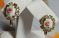 Dainty Rose Flower Guillochet Enamel Screw Back Earrings with Clear Rhinestones