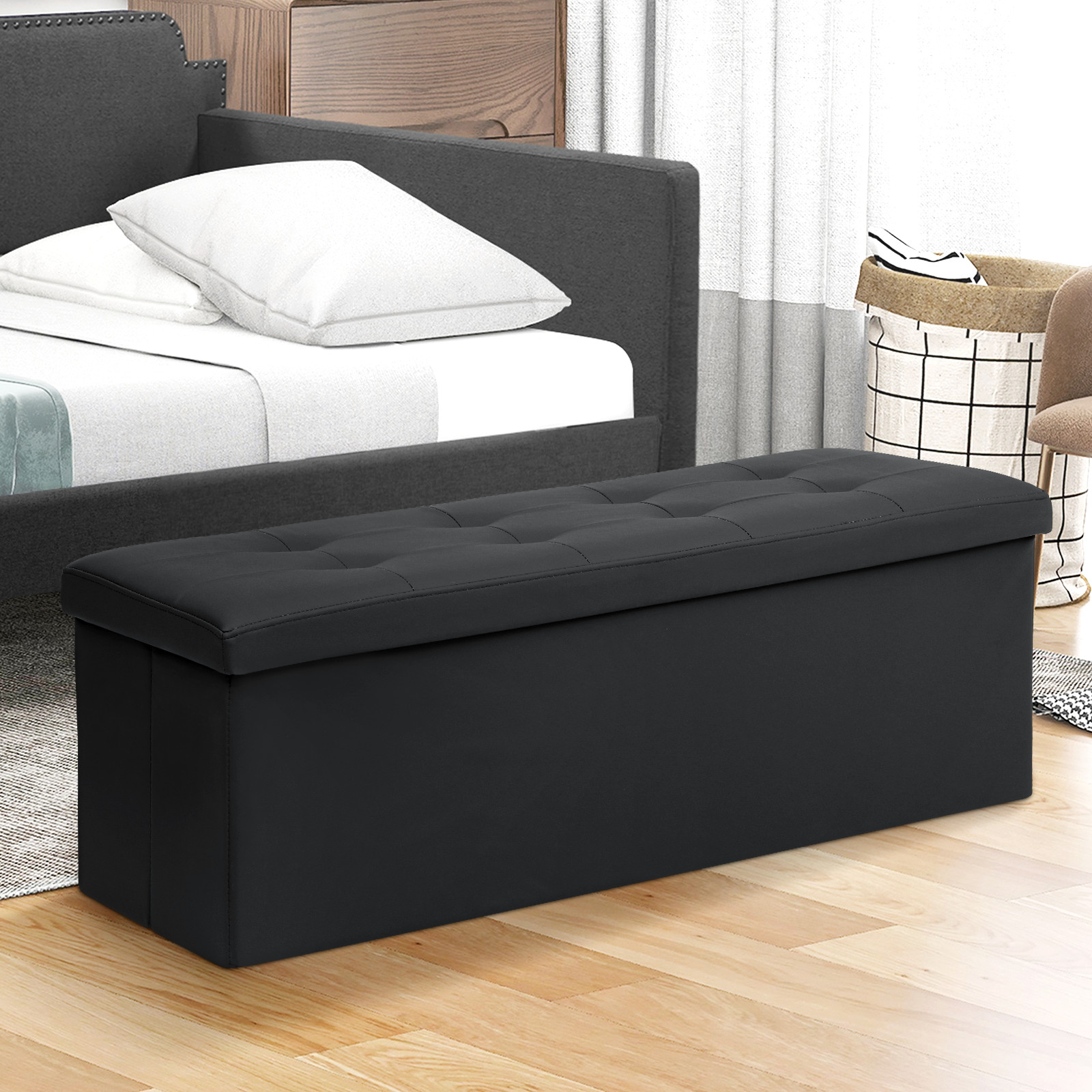 43" Black Storage Ottoman Rectangular Upholstered PU Leather Seat Lift Top Stool