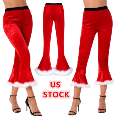 Womens Velvet Christmas Pants Flared Bell Bottoms Elastic Faux Fur