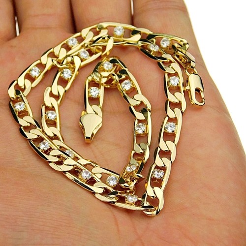 Gargantilla de cadena Figaro para hombre simulada helada circonita cúbica enchapada en oro collar de hip hop 16" 6 mm - Imagen 2 de 8