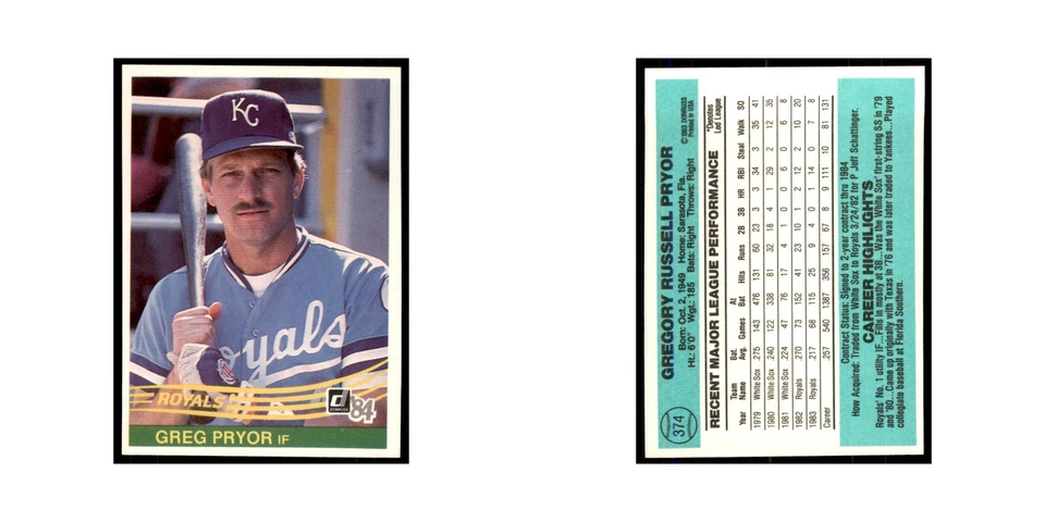 Greg Pryor 1984 Donruss #374 Kansas City Royals Baseball Card NM - Image 3 of 3