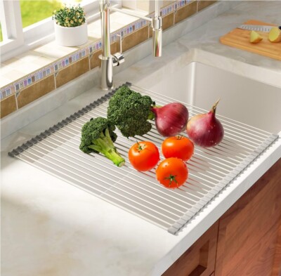 Roll Up Dish Drying Rack Over the Sink Heat Proof 17.3''x17.5'' Large (Warm Gray)
