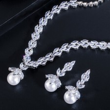 Silver Plated Pearl Pendant Cubic Zirconia Necklace Earrings Wedding Jewelry Set