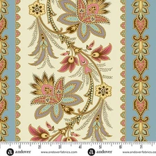 Jacobean Border Stripe, Fabric, Blue, Beige, Holbrook, Andover Fabrics, A-1536-B