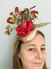 Hat Fascinator Blush Satin Base Large Pink Flower Sparkly Olive Butterfly OOAK