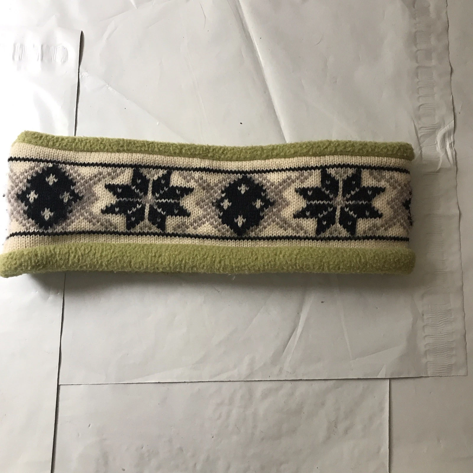 Vintage LL Bean Fleece Headband Ear Warmer Rare Green White Snowflakes USA
