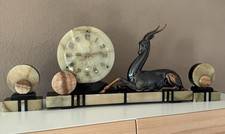 Große Antike Art Deco Kaminuhr Antilope sitzend Marmor Onyx + 2 Buchstützen 1930
