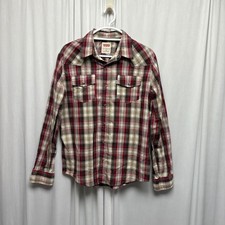 Levis Red Beige Plaid Shirt Mens Size Medium Western Pearl Snaps Modern Fit