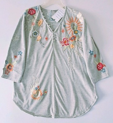 NWT Caite Kyla Seo Top Womens Small Oversized Embroidered Button Shirt Grey Boho