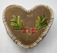 Antique Native American Birch Bark & Quill Work Heart Shaped Box W/ Holly Motif