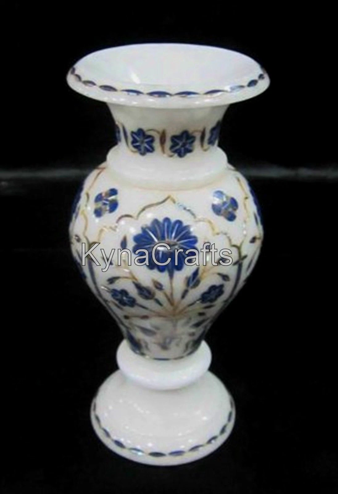 Lapis Lazuli Inlay Flower Pot | White Marble Indoor Planter | 8 Inches Plant Pot