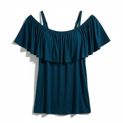 Ups & Downs Women s Cold Shoulder Ruffle Top Dark Teal | Size 1X New