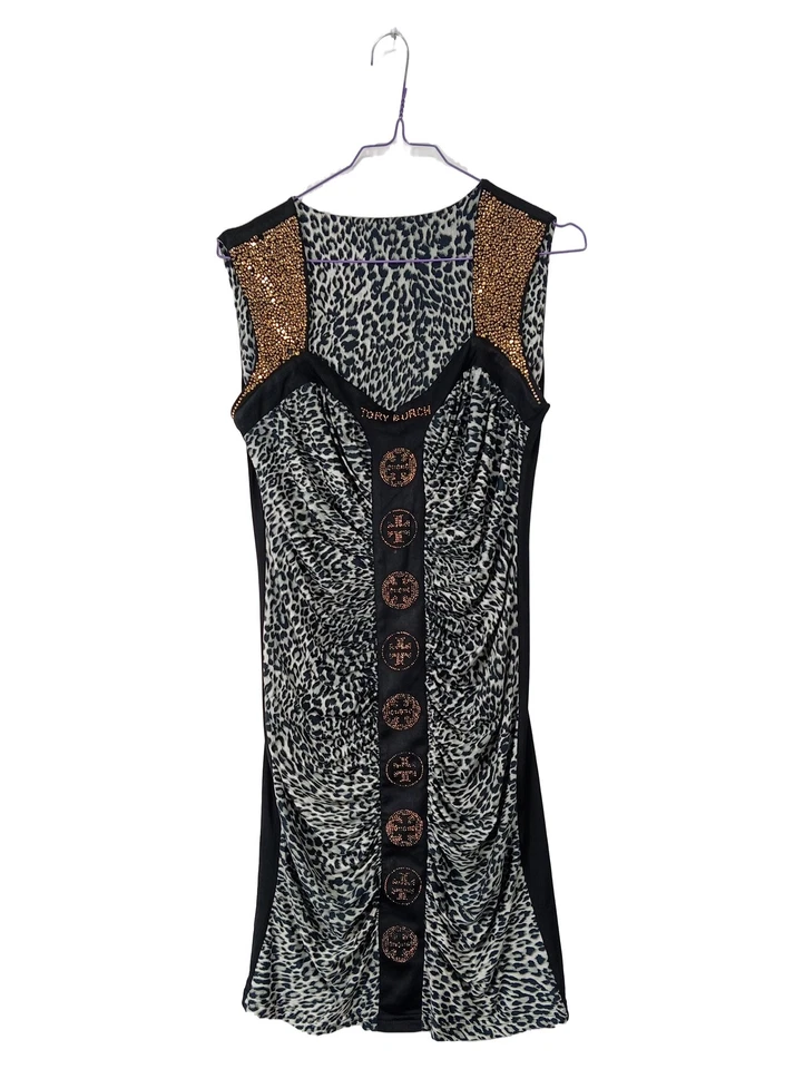 Tory Burch Robe Cocktail Femme Gris Léopard Strass Fête (EU 38, INT M) - Photo 1/3
