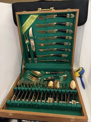 Brass Siam Flatware Set 29 Pieces  Thailand Silverware Vintage with Case