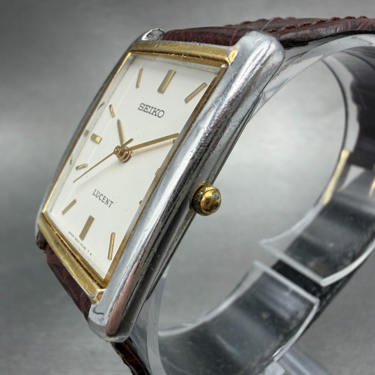 Seiko Lucent Tank Watch Men 25mm White Dial Two Tone 5E21-5C10 New
