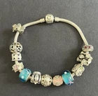 Pandora Sterling Silver Clasp  Bracelet and 14 Charms 21cm