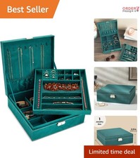 Velvet Jewelry Box Organizer Lockable Travel Case Green 10.5x10.5x3.5 in