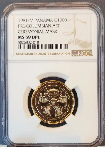 1981 PANAMA GOLD 100 BALBOAS CEREMONIAL MASK NGC MS 69 DPL ONLY 174 MINTED