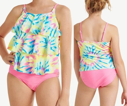 Justice Girls L 12-14 Ruffle Tankini Top Adjustable Straps, Bikini Bottom 2-Piec - Picture 2 of 21