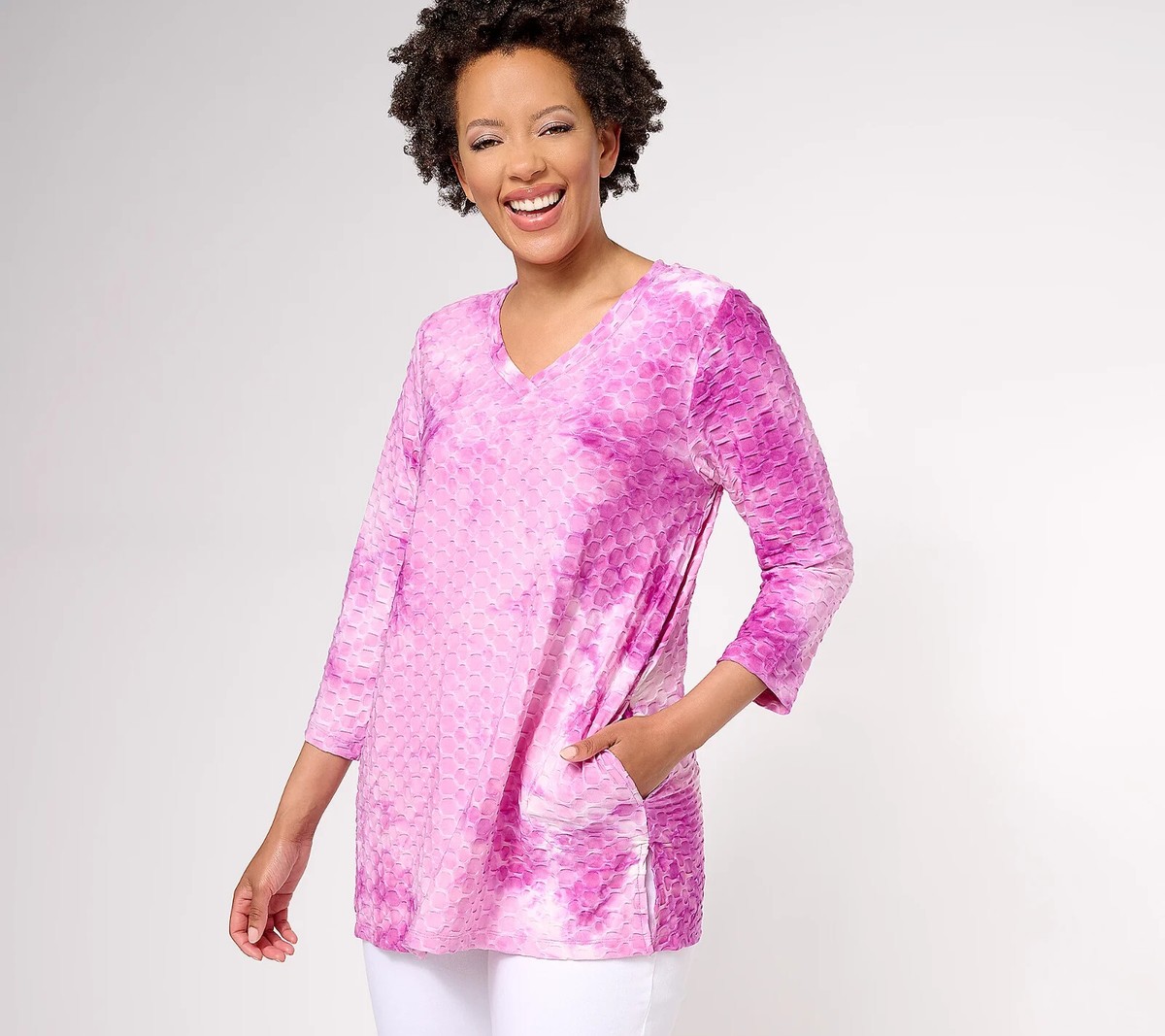 LOGO by Lori Goldstein Textured Knit Hand-Dye V-Neck Top-Orchid-XS