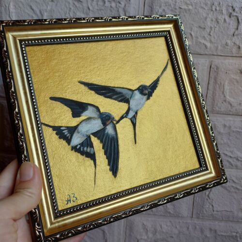 Swallow Bird painting Couple of swallows Art Gold Framed Fly Bird Artwork - Picture 3 of 12