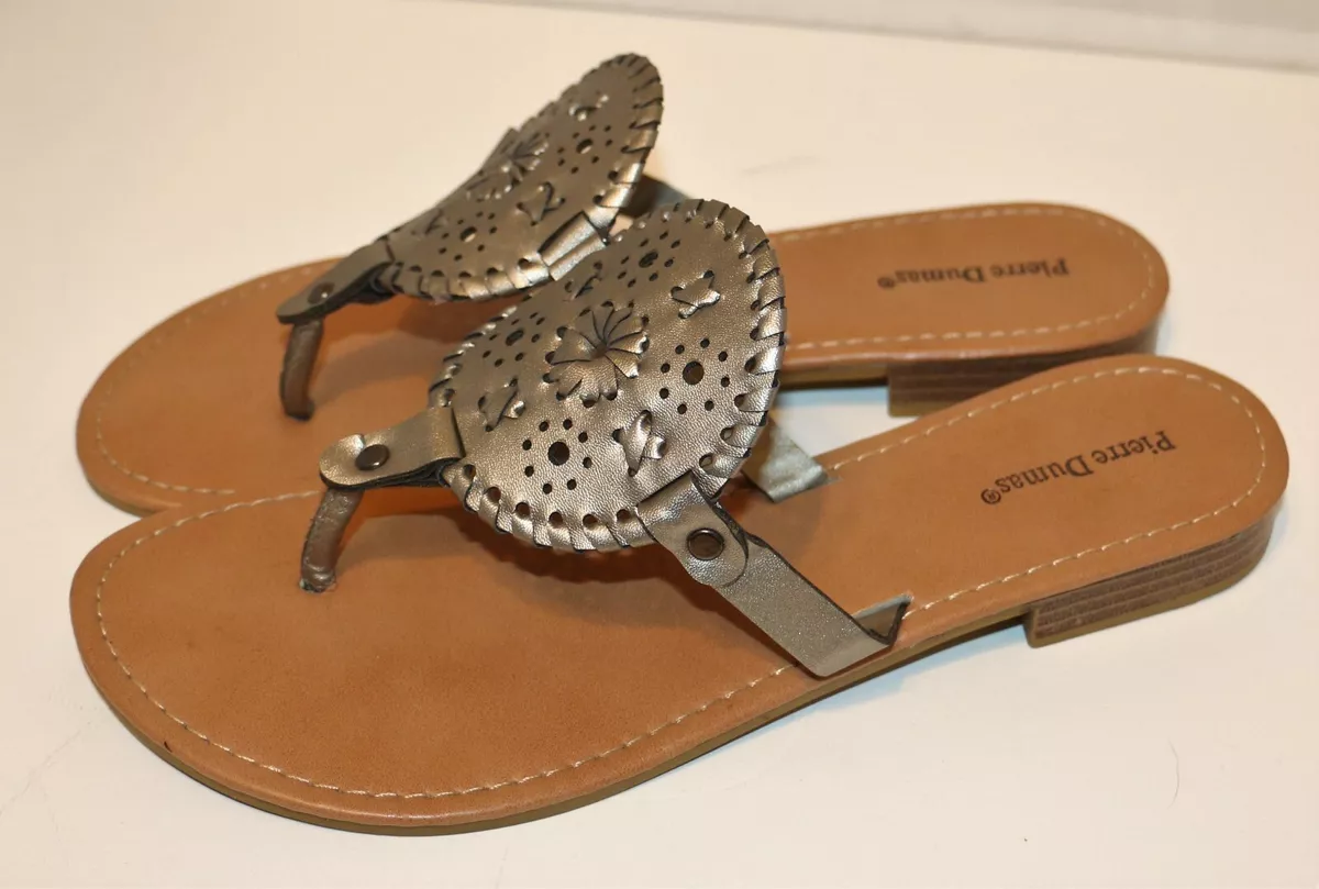Pierre Dumas Women s Silver Whipped Stitched Medallion Thong Sandals Size 8.5 M