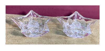 2 VINTAGE FIVE POINT CLEAR THICK GLASS TAPER CANDLE HOLDERS
