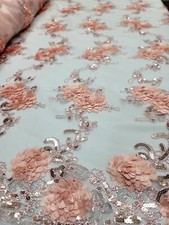 Fabric Sold By The Yard Blush 3d Floral Lace Sequins Embroidery Double Scallops