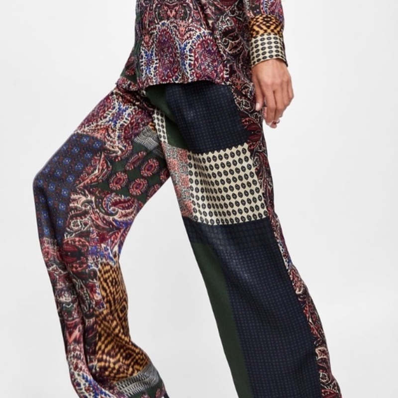ZARA Patchwork Printed Wide Leg Satin Pants Palazzo Floral