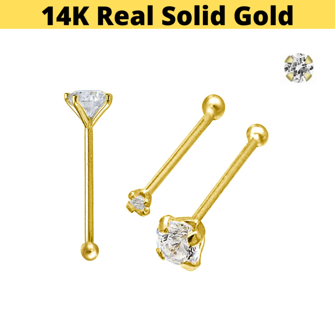 14KT Real Solid Gold Clear CZ Prong Set Nose Bone Pin Ring 14KT Real Solid Gold Clear CZ Prong Set Nose Bone Pin Ring