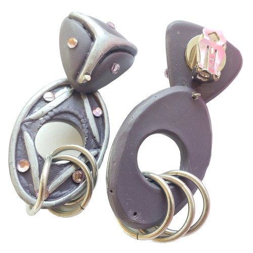Orecchini Jeff Lieb Grigio Fiore Rosa Strass Porta Bussare Clip On - Foto 12 di 12