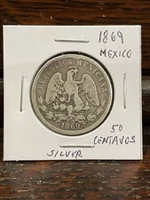 OLD  MEXICO SILVER 1869 Mo C  50 CENTAVOS LOW MINTAGE KEY DATE COIN