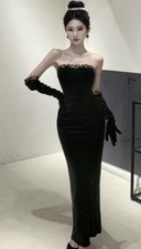 Women's French Sequins flowers decorate Slim fit Backless tube top long dress 