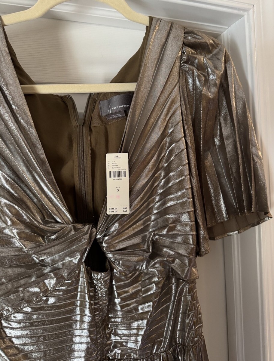 Anthropologie Short-Sleeve Metallic Cutout Midi Dress NWT Womens S Silver  Party | eBay