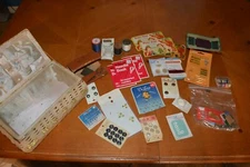 OLD ANTIQUE SEWING BASKET FULL OF OLD ODDS & ENDS - WOOLWORTH, LE CHIC & MORE