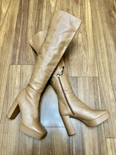 ZARA Tan Over The Knee High Leather Platform Boots Size 6 EU39 | eBay