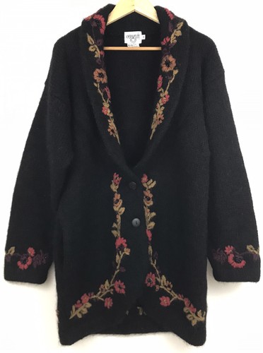 Vintage Wool Blend Shawl Collar Embrodered Long Ca