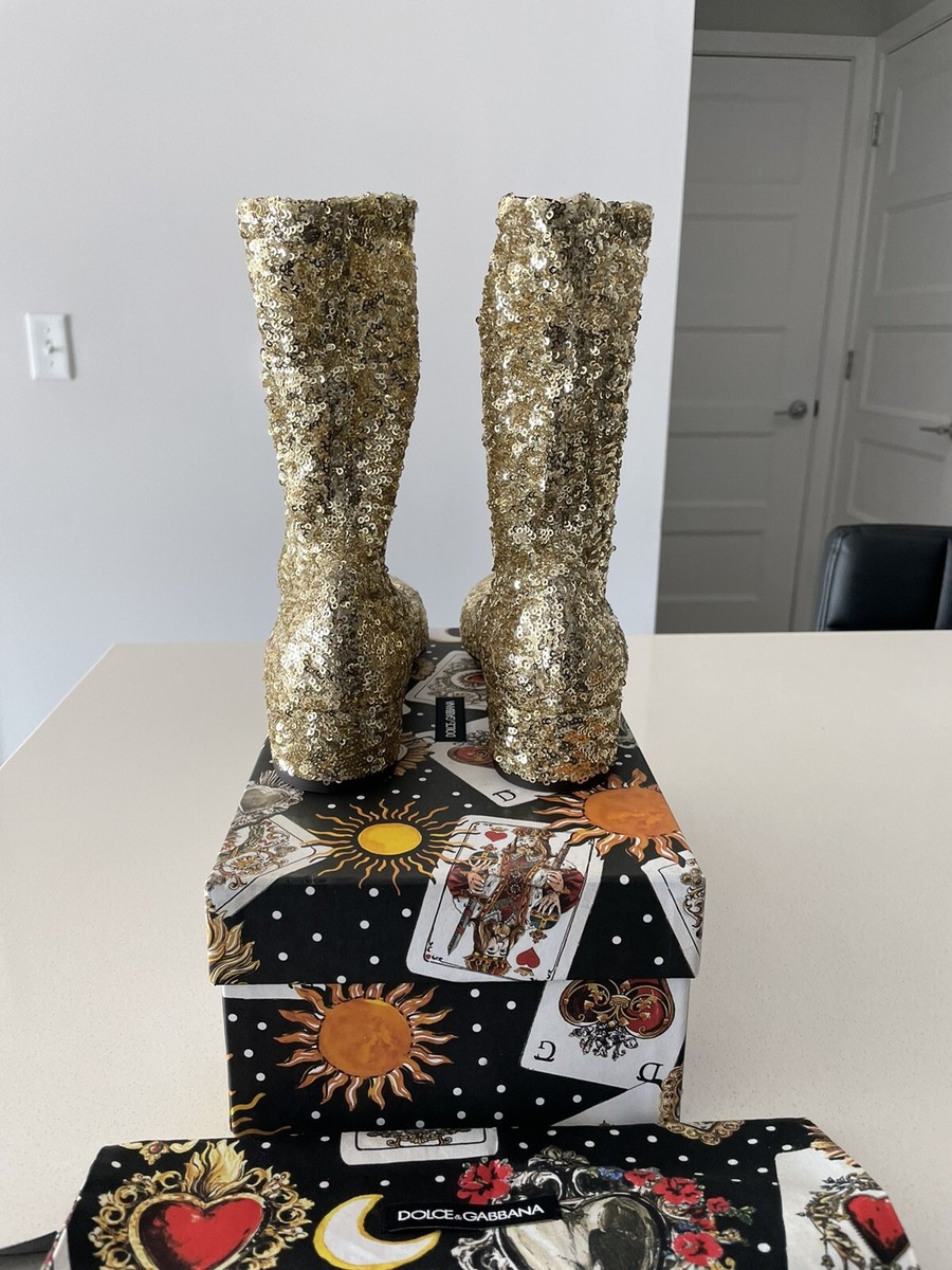 Dolce Gabbana Gold Sequin Stretch Boots, Sz $1550
