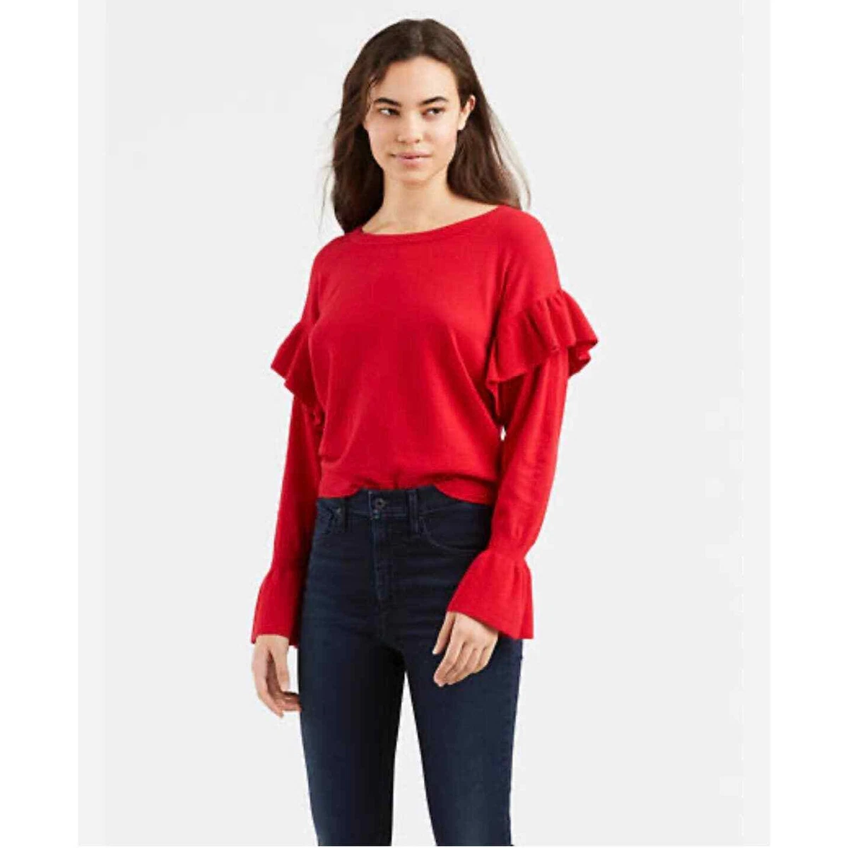 Zara Knit EUC Orange Boat Neck Ruffle Bell Sleeve Sweater Size S