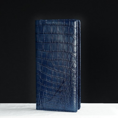 Blue Real Premium Leather Long BIfold Leather Wallet Men Skin Checkboook Wallet - Picture 6 of 13