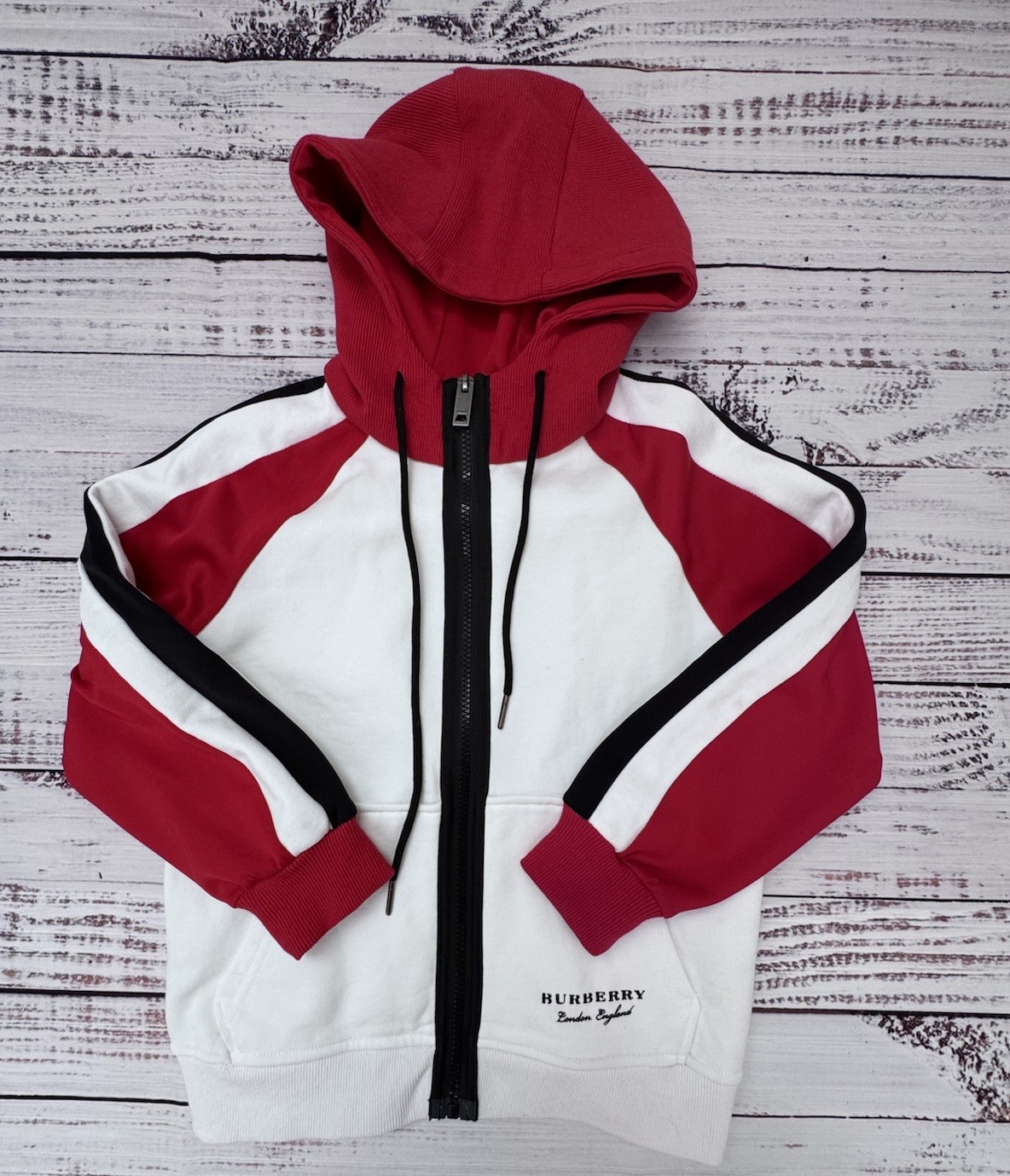 BURBERRY  Boys Full Zip Color Block Hoodie Size 8Y 130/65 White Red