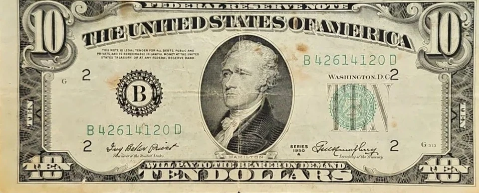 1950 a $10 New York Federal Reserve Note Green Seal! Interesting Cut, Rare! - Image 3 of 4